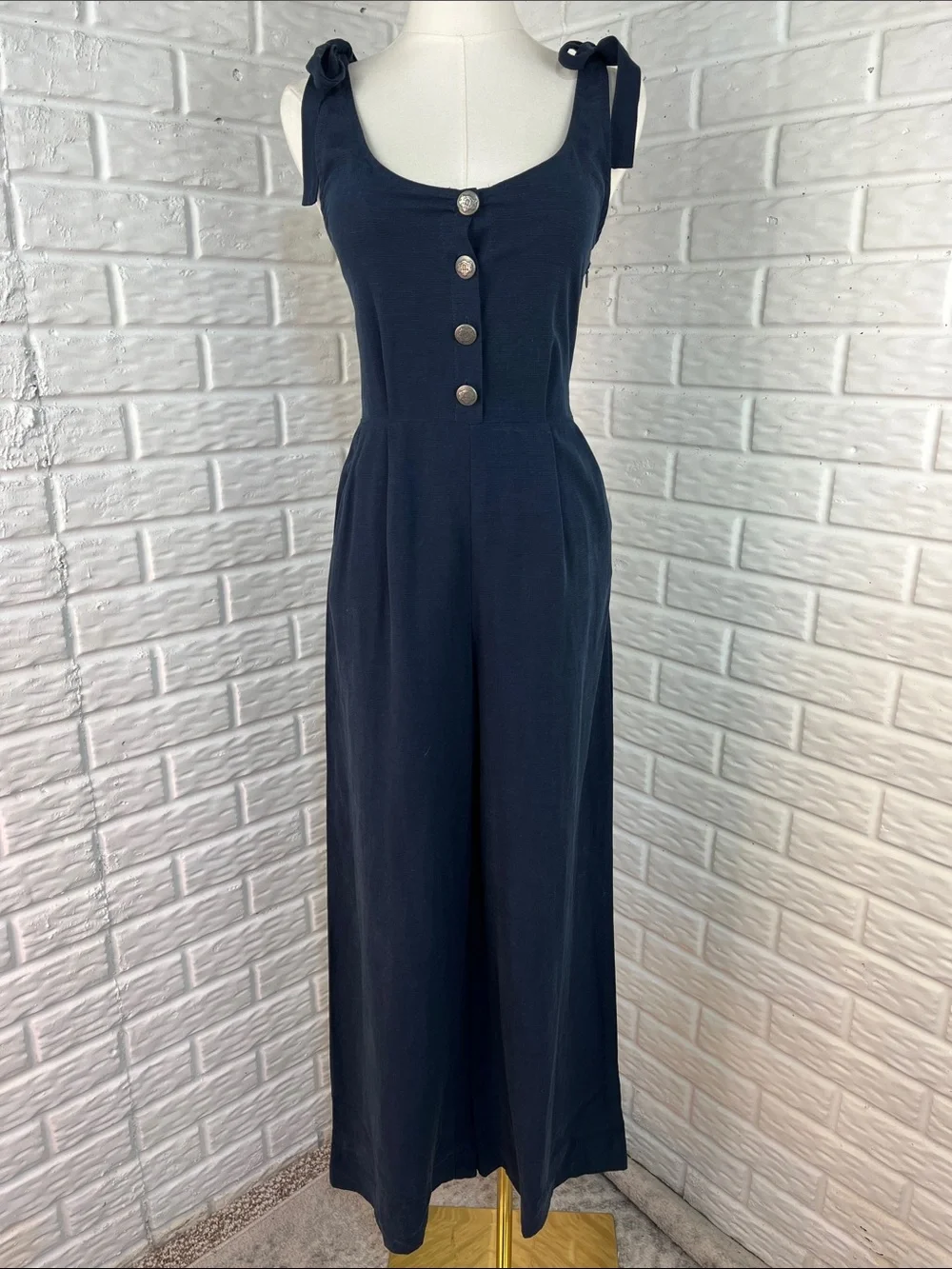 ZARA TRF COLLECTION NAVY BLUE WIDE LEG JUMPSUIT TIE SHOULDER LINEN RAYON SZ XS